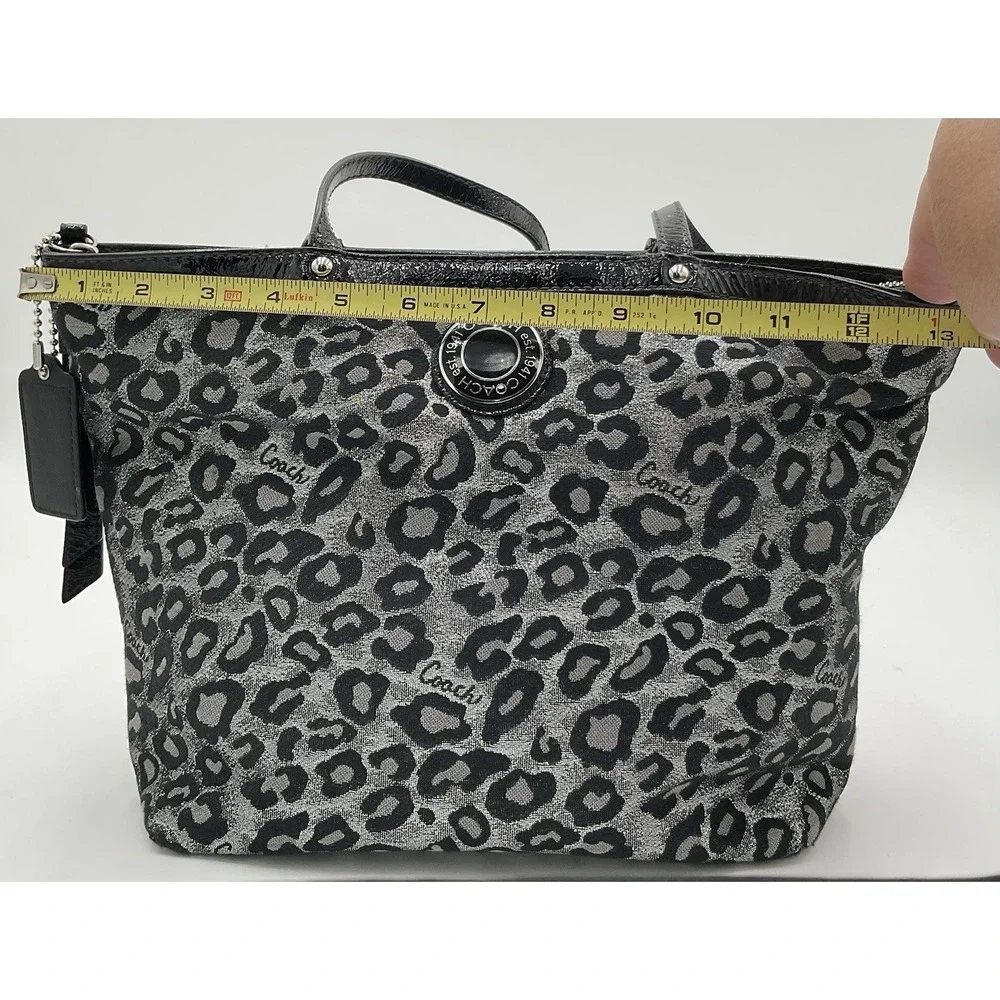 Coach F21061 Metallic Silver Black Gray Ocelot Animal Print Tote Bag Patent Trim
